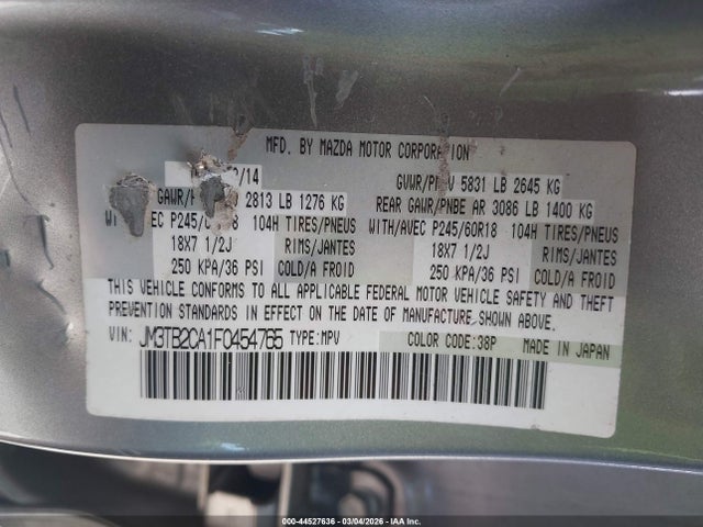 Aukcja sprzedaży 2015 Mazda Cx-9 Touring, vin: JM3TB2CA1F0454765, numer aukcji: 44527636