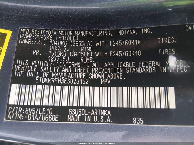 Toyota Highlander Xle V6 2014 5TDKKRFH3ES023152 Image 9