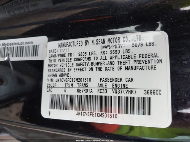 Продажа на аукционе авто 2012 Infiniti G37, vin: JN1CV6FE1CM201510, номер лота: 44527708