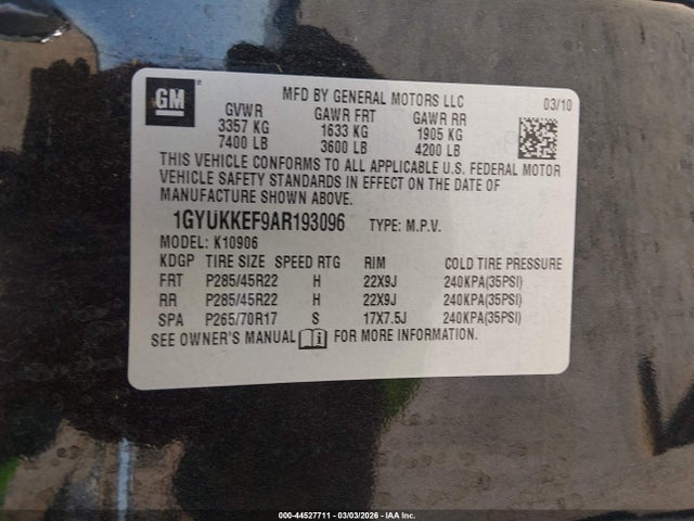 Продаж на аукціоні авто 2010 Cadillac Escalade Esv Platinum Edition, vin: 1GYUKKEF9AR193096, номер лоту: 44527711