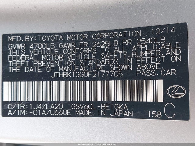 Продаж на аукціоні авто 2015 Lexus Es 350, vin: JTHBK1GG0F2177705, номер лоту: 44527789