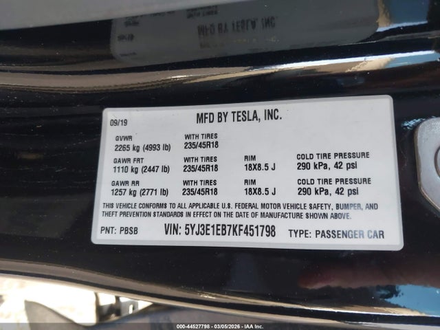 Продаж на аукціоні авто 2019 Tesla Model 3 Long Range/performance, vin: 5YJ3E1EB7KF451798, номер лоту: 44527798