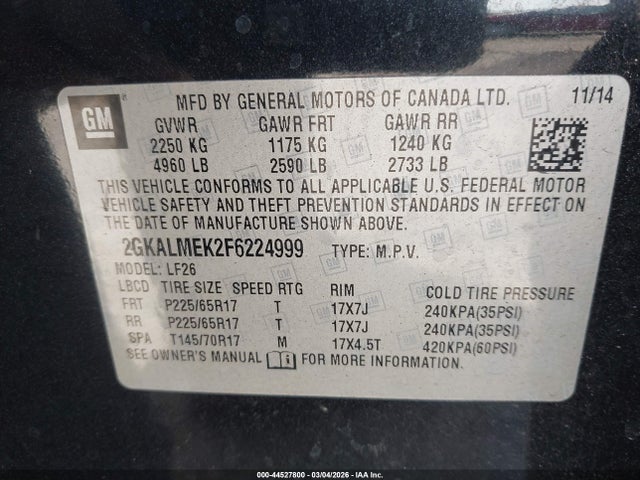 Продаж на аукціоні авто 2015 Gmc Terrain Sle-1, vin: 2GKALMEK2F6224999, номер лоту: 44527800
