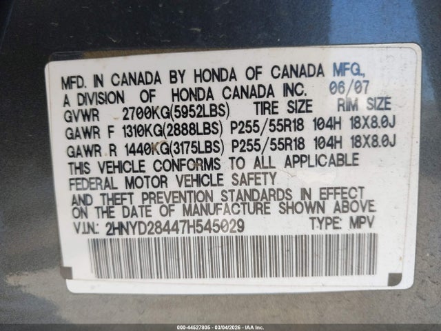 Auction sale of the 2007 Acura Mdx Technology Package, vin: 2HNYD28447H545029, lot number: 44527805