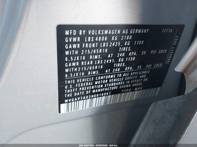 Aukcja sprzedaży 2017 Volkswagen Tiguan 2.0t/2.0t S, vin: WVGAV7AX2HK016951, numer aukcji: 44527834