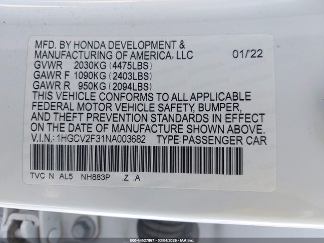 1HGCV2F31NA003682 Honda Accord Sport 2.0t