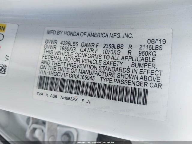Honda ACCORD LX 2019 1HGCV1F1XKA165945 Image 9