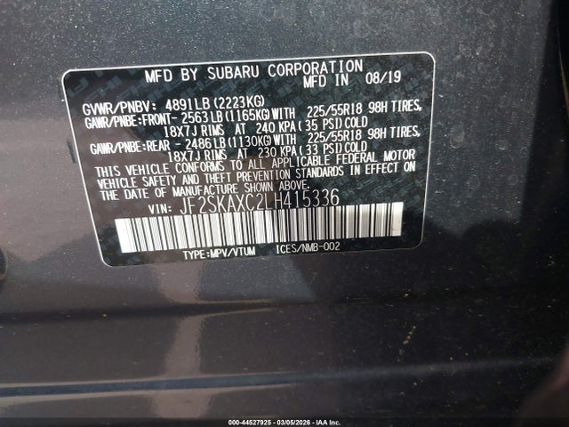 2020 Subaru Forester Touring მანქანა იყიდება აუქციონზე, vin: JF2SKAXC2LH415336, აუქციონის ნომერი: 44527925