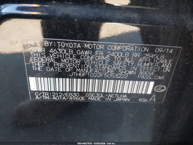 Aukcja sprzedaży 2015 Lexus Is 250, vin: JTHBF1D22F5053222, numer aukcji: 44527933