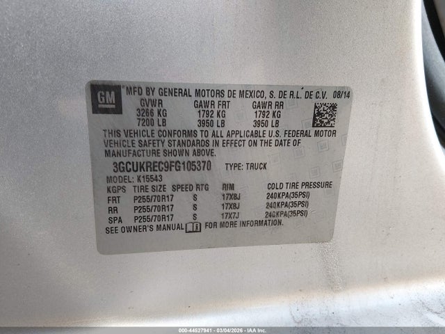 Продажа на аукционе авто 2015 Chevrolet Silverado 1500 1lt, vin: 3GCUKREC9FG105370, номер лота: 44527941