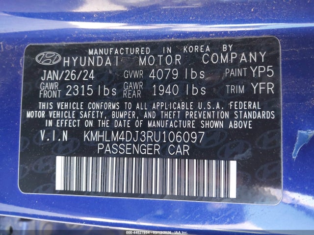 Продаж на аукціоні авто 2024 Hyundai Elantra Hybrid Blue, vin: KMHLM4DJ3RU106097, номер лоту: 44527954