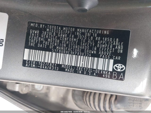 5YFBURHE9KP898334 Toyota COROLLA LE
