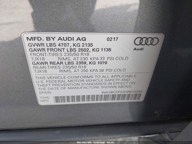 Aukcja sprzedaży 2017 Audi Q3 2.0t Premium, vin: WA1BCCFS3HR016334, numer aukcji: 44527989