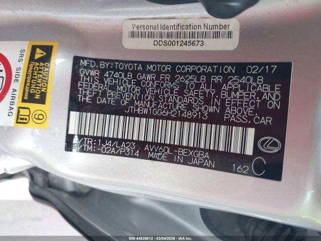 Продаж на аукціоні авто 2017 Lexus Es 300h, vin: JTHBW1GG6H2148913, номер лоту: 44528012