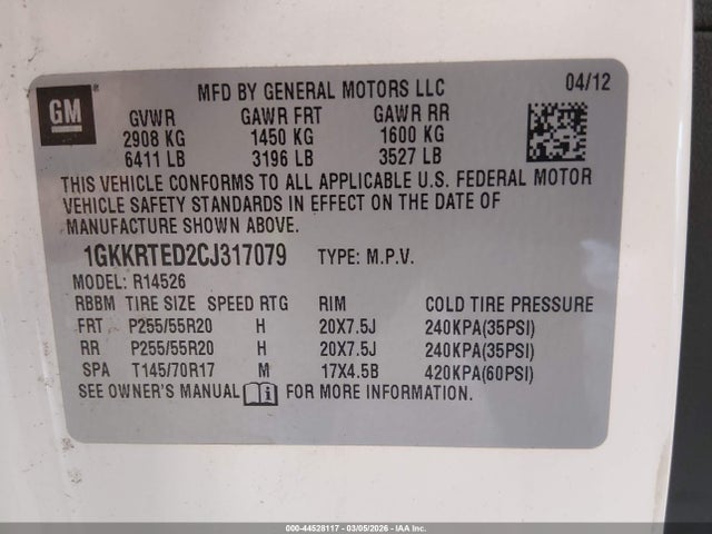 44528117 :رقم المزاد ، 1GKKRTED2CJ317079 vin ، 2012 Gmc Acadia Denali مزاد بيع