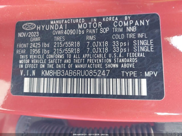 44528131 :رقم المزاد ، KM8HB3AB6RU085247 vin ، 2024 Hyundai Kona Sel مزاد بيع