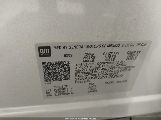 44528138 :رقم المزاد ، 3GNAXKEV2NL202629 vin ، 2022 Chevrolet Equinox Fwd Lt مزاد بيع