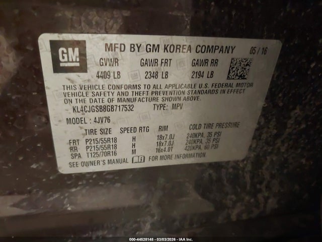 Продажа на аукционе авто 2016 Buick Encore Leather, vin: KL4CJGSB8GB717532, номер лота: 44528148