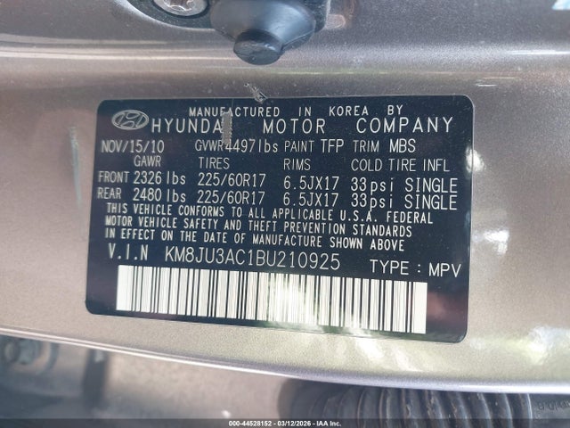 44528152 :رقم المزاد ، KM8JU3AC1BU210925 vin ، 2011 Hyundai Tucson Gls مزاد بيع