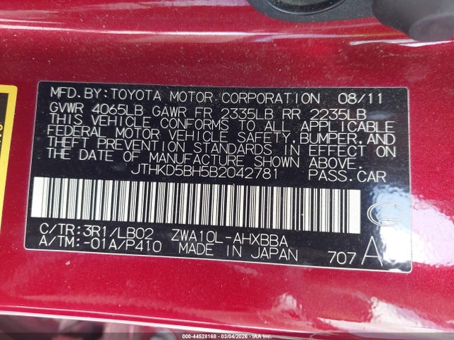44528168 :رقم المزاد ، JTHKD5BH5B2042781 vin ، 2011 Lexus Ct 200h Premium مزاد بيع