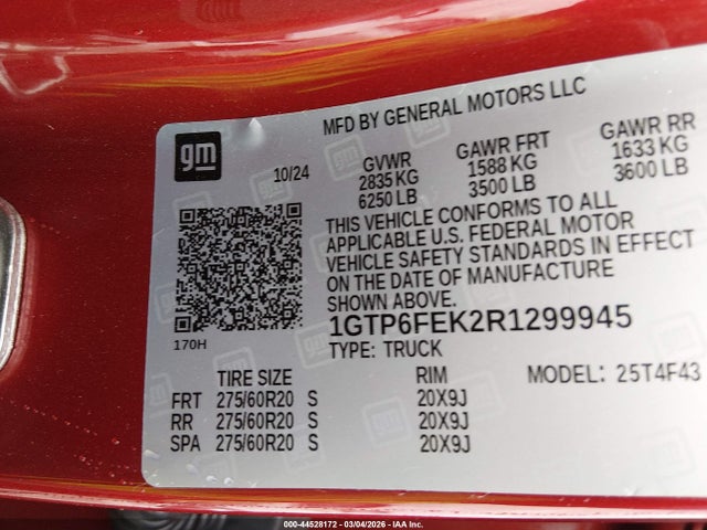 44528172 :رقم المزاد ، 1GTP6FEK2R1299945 vin ، 2024 Gmc Canyon 4wd Denali مزاد بيع