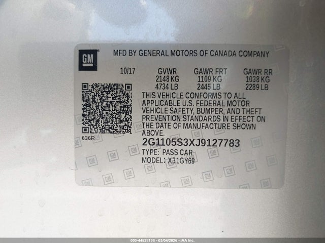 Chevrolet IMPALA 1LT 2018 2G1105S3XJ9127783 Image 9