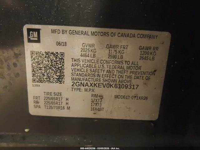 44528256 :رقم المزاد ، 2GNAXKEV0K6109317 vin ، 2019 Chevrolet Equinox Lt مزاد بيع