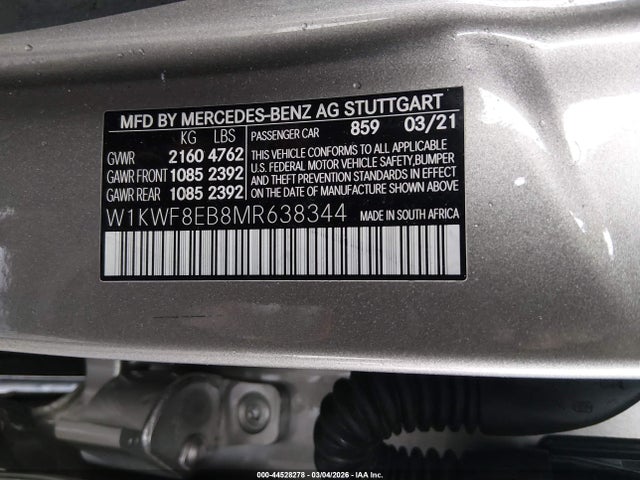 Aukcja sprzedaży 2021 Mercedes-benz C 300 4matic, vin: W1KWF8EB8MR638344, numer aukcji: 44528278
