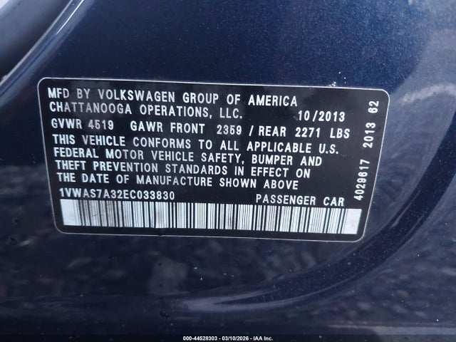 2014 Volkswagen Passat 1.8t S მანქანა იყიდება აუქციონზე, vin: 1VWAS7A32EC033830, აუქციონის ნომერი: 44528303