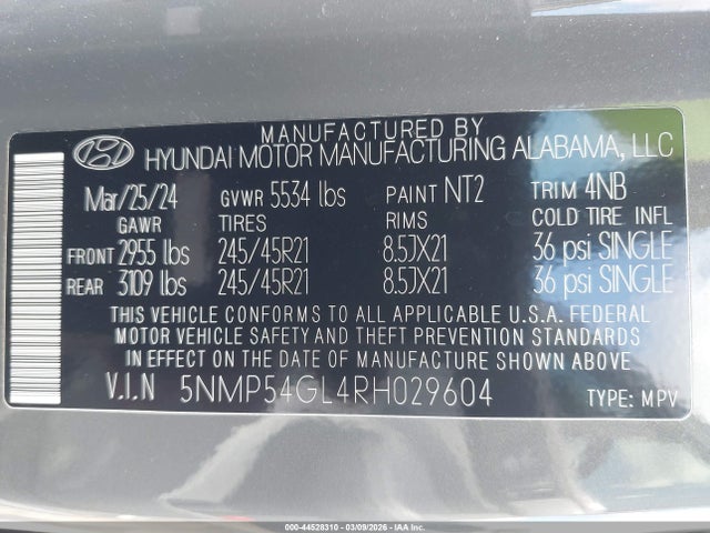 2024 Hyundai Santa Fe Calligraphy მანქანა იყიდება აუქციონზე, vin: 5NMP54GL4RH029604, აუქციონის ნომერი: 44528310
