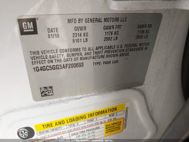 Продаж на аукціоні авто 2010 Buick Lacrosse Cxl, vin: 1G4GC5GG3AF200693, номер лоту: 44528311