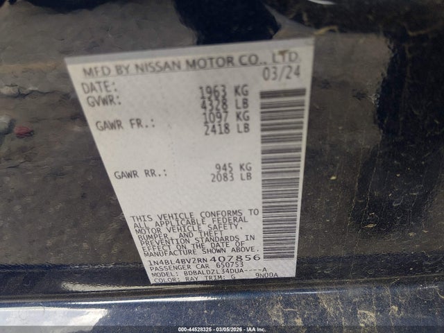 2024 Nissan Altima S Fwd მანქანა იყიდება აუქციონზე, vin: 1N4BL4BV2RN407856, აუქციონის ნომერი: 44528325