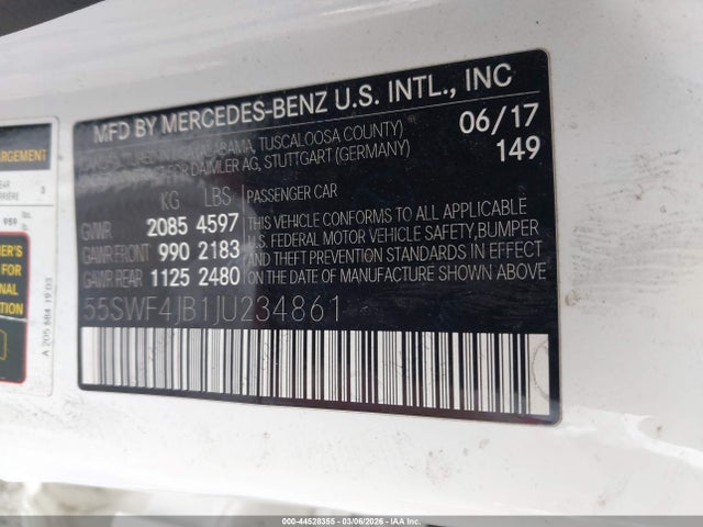 44528355 :رقم المزاد ، 55SWF4JB1JU234861 vin ، 2018 Mercedes-benz C 300 مزاد بيع