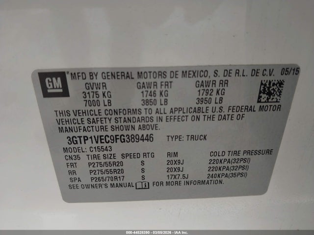 Продажа на аукционе авто 2015 Gmc Sierra 1500 Slt, vin: 3GTP1VEC9FG389446, номер лота: 44528390