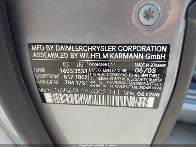 Продажа на аукционе авто 2004 Chrysler Crossfire, vin: 1C3AN69L24X002341, номер лота: 44528409