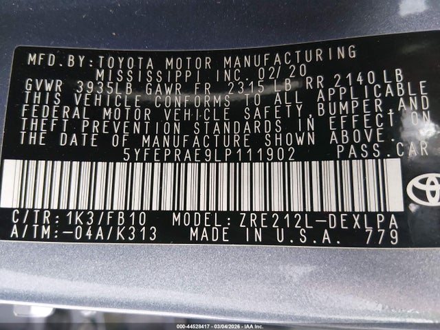 Toyota COROLLA LE 2020 5YFEPRAE9LP111902 Image 9
