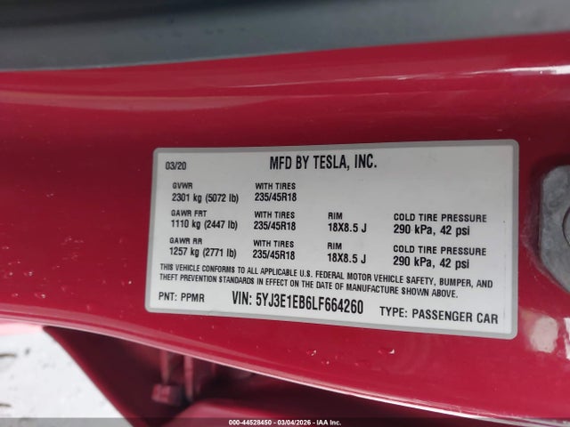 Aukcja sprzedaży 2020 Tesla Model 3 Long Range Dual Motor All-wheel Drive, vin: 5YJ3E1EB6LF664260, numer aukcji: 44528450