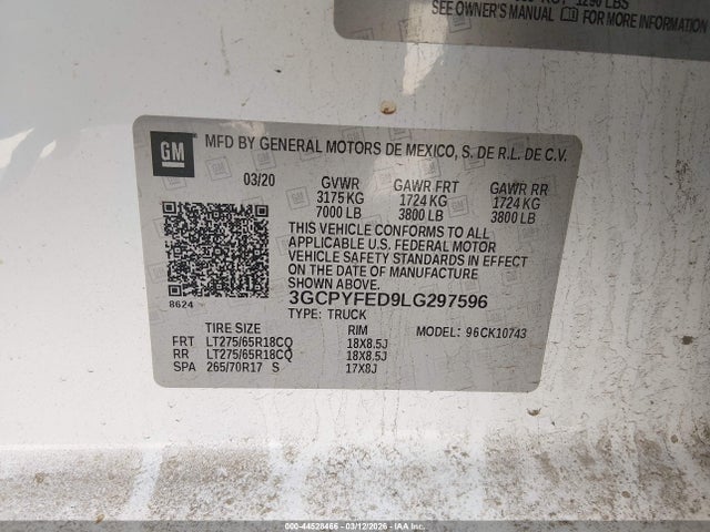 Продаж на аукціоні авто 2020 Chevrolet Silverado 1500 4wd  Standard Bed Lt Trail Boss, vin: 3GCPYFED9LG297596, номер лоту: 44528466