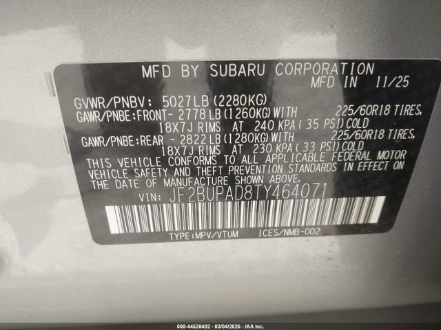 Продаж на аукціоні авто 2026 Subaru Outback Premium, vin: JF2BUPAD8TY464071, номер лоту: 44528482