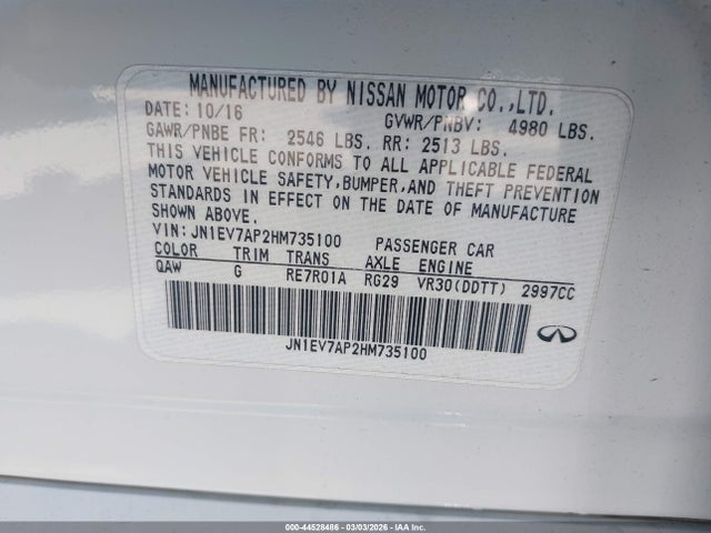 44528486 :رقم المزاد ، JN1EV7AP2HM735100 vin ، 2017 Infiniti Q50 3.0t Premium مزاد بيع