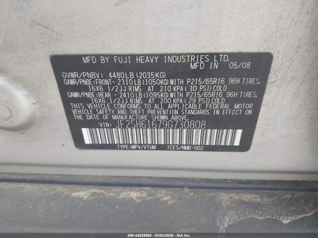 2009 Subaru Forester 2.5x მანქანა იყიდება აუქციონზე, vin: JF2SH61679G730808, აუქციონის ნომერი: 44528505