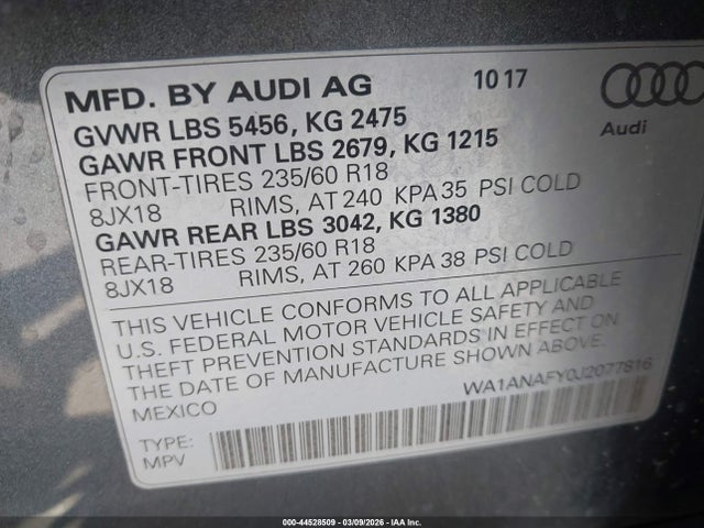 44528509 :رقم المزاد ، WA1ANAFY0J2077816 vin ، 2018 Audi Q5 2.0t Premium/2.0t Tech Premium مزاد بيع