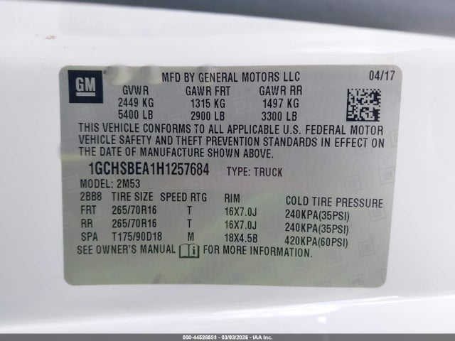 Chevrolet Colorado Wt 2017 1GCHSBEA1H1257684 Image 9