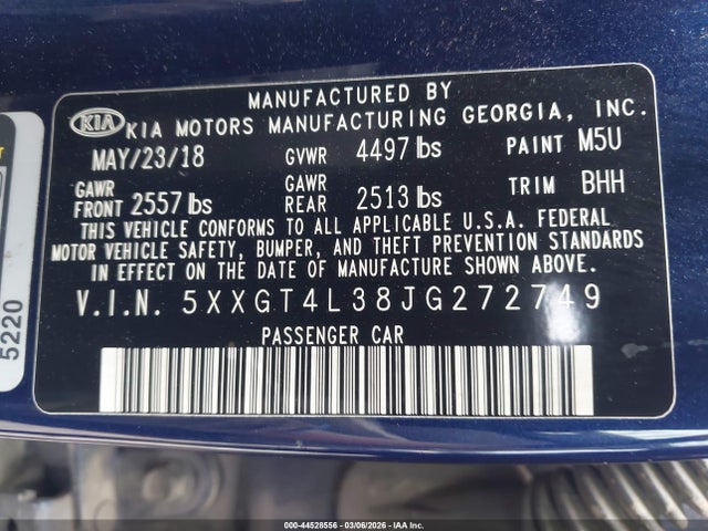 44528556 :رقم المزاد ، 5XXGT4L38JG272749 vin ، 2018 Kia Optima Lx مزاد بيع