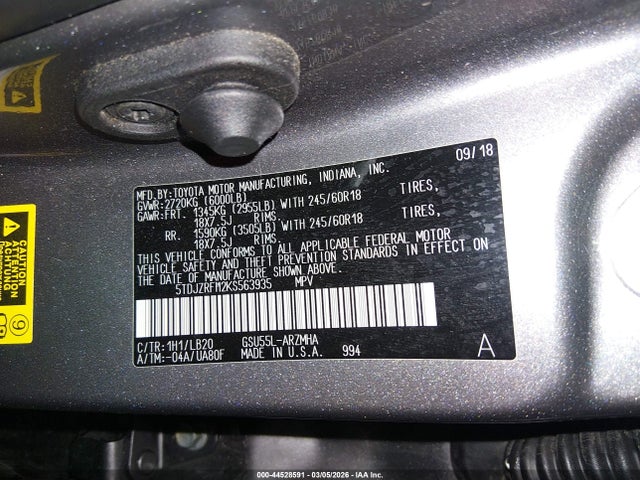 44528591 :رقم المزاد ، 5TDJZRFH2KS563935 vin ، 2019 Toyota Highlander Xle مزاد بيع