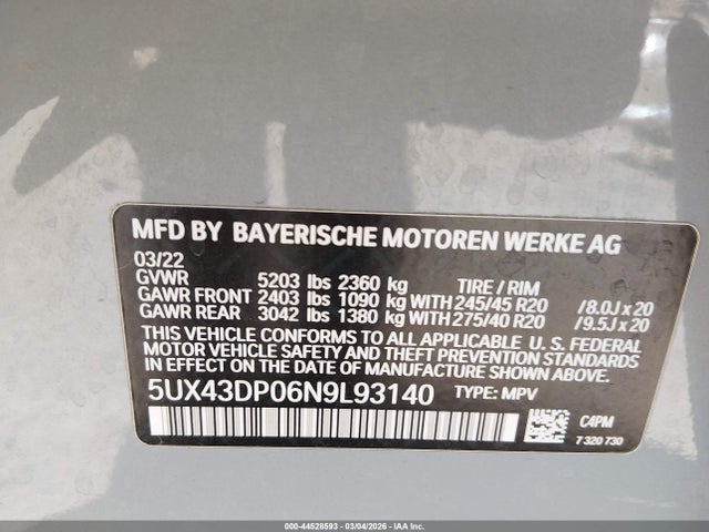 Продажа на аукционе авто 2022 Bmw X3 Sdrive30i, vin: 5UX43DP06N9L93140, номер лота: 44528593