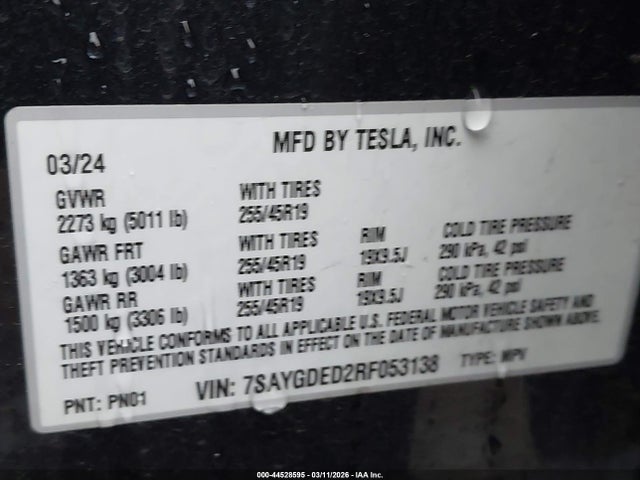 Aukcja sprzedaży 2024 Tesla Model Y Long Range Single Motor Rear-wheel Drive/rwd, vin: 7SAYGDED2RF053138, numer aukcji: 44528595
