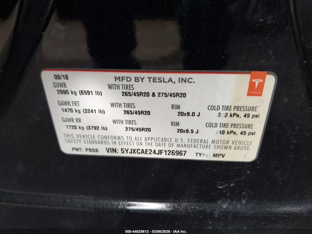 2018 Tesla Model X 100d/75d/p100d მანქანა იყიდება აუქციონზე, vin: 5YJXCAE24JF126967, აუქციონის ნომერი: 44528612