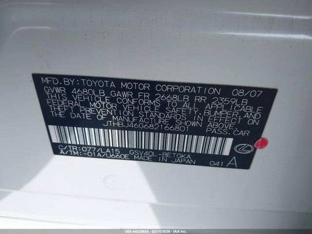 Продажа на аукционе авто 2008 Lexus Es 350, vin: JTHBJ46G682166801, номер лота: 44528655