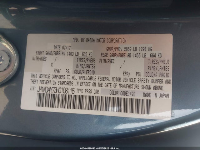 44528690 :رقم المزاد ، JM1NDAM73H0108115 vin ، 2017 Mazda Mx-5 Miata Rf Grand Touring مزاد بيع